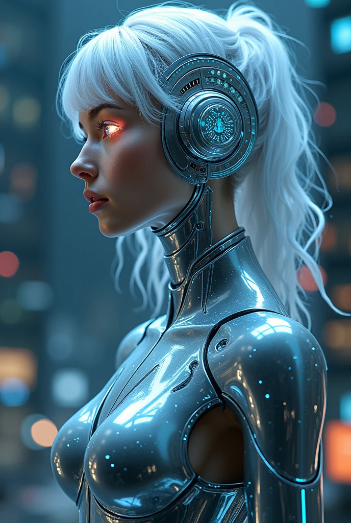 (Goddess of Technology:1.4), (masterpiece:1.4, best quality), (photo realistic:1.5), futuristic and sleek appearance, with an aura of innovation and intelligence, dressed in a form-fitting outfit made of advanced materials that blend metal and synthetic fibers, (hair styled with a metallic sheen, integrated with glowing circuits and data streams:1.2), (eyes glowing with a digital interface, reflecting a vast network of information:1.4), holding a holographic interface or a floating digital orb, surrounded by floating screens, wires, and data streams, (background of a futuristic cityscape or a high-tech control room filled with holograms and advanced machinery:1.2), (cool, precise lighting highlighting her and the technological elements:1.2), (dynamic and poised stance that emphasizes her mastery over technology:1.2), rich textures, sleek and modern colors, (metallic silvers:1.2), (cool blues:1.2), (neon accents:1.2), (dynamic composition with sharp lines and a sense of digital flow:1.2), high-quality and detailed, (awe-inspiring and futuristic atmosphere:1.2), transcendent and intelligent, perfect image quality, symbolizing the cutting edge of innovation, digital mastery, and the power of technology, captivating and advanced presence