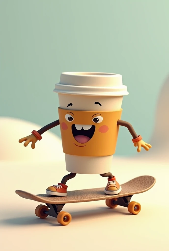 Coffee mug with a cap skating on a skateboard