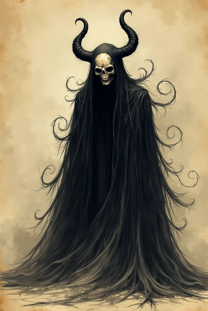 A sinister supernatural entity depicted in the style of a detailed bestiary illustration, ths entity is the manifestation of the hate sand-like aura that swirls menacingly, Twisted horns curl from its forehead semi-skull face. The entity is cloaked in dark, ethereal robes that blend seamlessly with the shadows. Its overall appearance is otherworldly and unsettling, with an aura of dark mysticism. The illustration should emphasize its arcane and malevolent nature, showcasing the creature with intricate details typical of bestiary art, capturing its ancient and fearsome presence. Bestiary simple sketch, antique art, in bestiary book