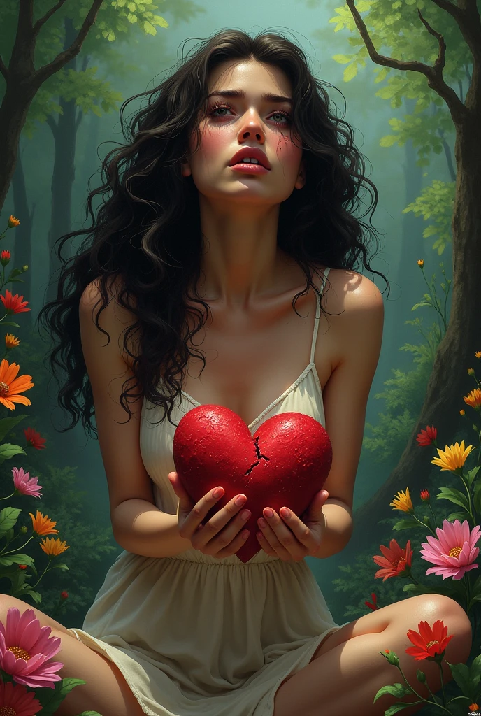 Une femme au cheveux frisé long jusqu aux épaules qui pleure et qui tiens dans sa main son coeur brisé. Elle est assise au milieu d une forêt pleine de fleurs multicolores 