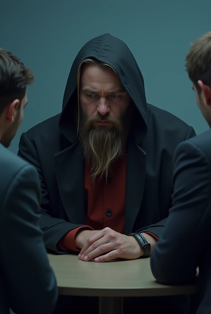 Create Luke A New Man, bearded man with straight hair like straw looking like an ear of corn but brown, your look is sad and depressed, without hope, because he accidentally caused the death of his son.He wears a black coat and the hood is on his head, Red shirt that is hard to see and a black bracelet on the right hand. Your hands are on a circular table where two more men are sitting.. The photo only shows the backs of the two men, while luke appears (half up) and behind is a blue wall