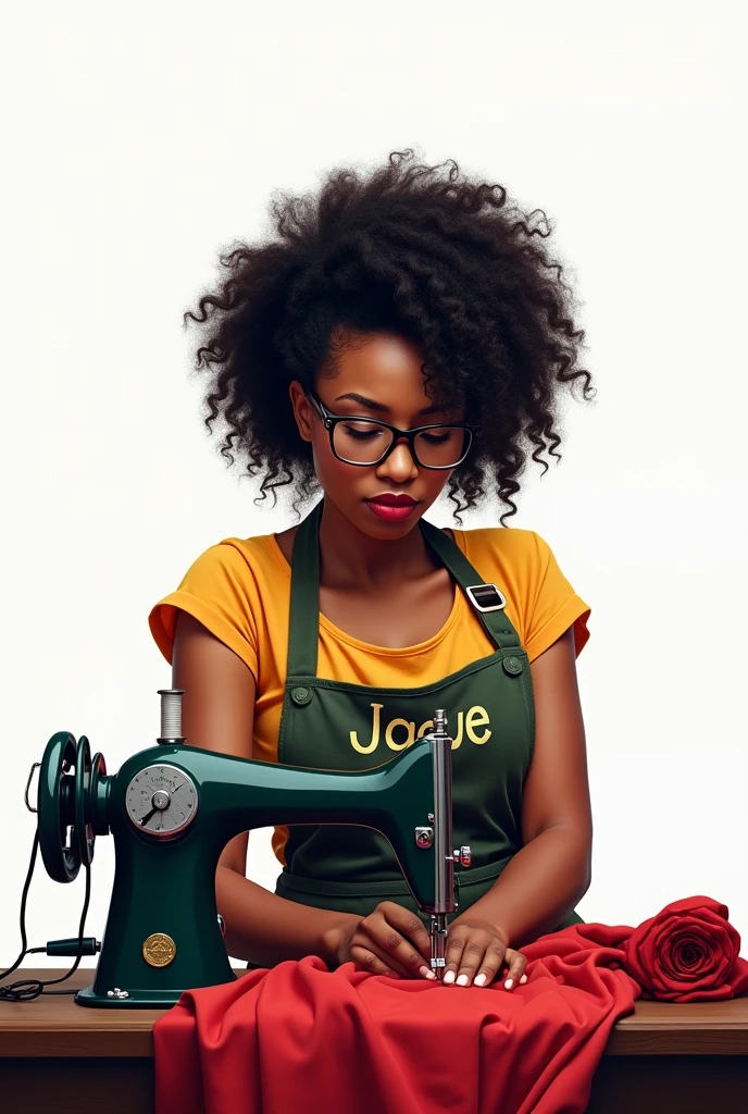 Drawing of a black Brazilian woman with curly black hair tied up to the side With glasses Sewing on the sewing machine White background Apron with name Jaque Image with color
