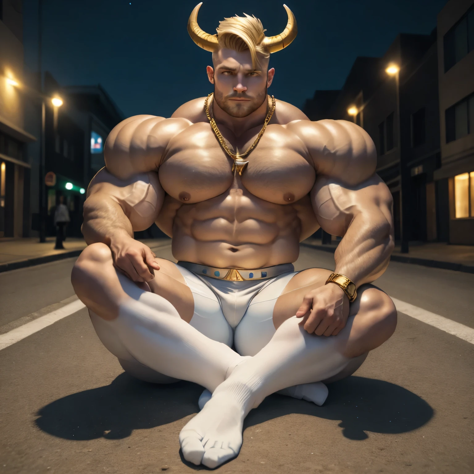full view full body, one handsome over-muscular and over-bodybuilded young white male with long demon blue and gold horns, blond preppy undercut clean haircut, angelic face, tanned, in shiny light-blue rubber suit and white socks, white chunky hyper-fashion Gucci loafers, lots of golden rings,necklaces,bracelets, lying groggy on the ground, badly beaten, in deserted street, night