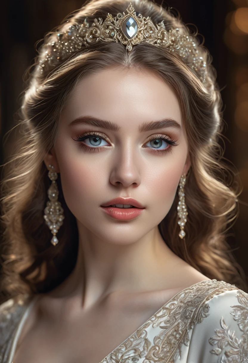 a detailed portrait of a beautiful young woman, gorgeous detailed eyes, beautiful detailed lips, extremely detailed face and skin, long eyelashes, porcelain skin, flowing hair, elegant dress, ornate jewelry, dramatic lighting, cinematic composition, photorealistic, hyper detailed, 8k, award winning digital art