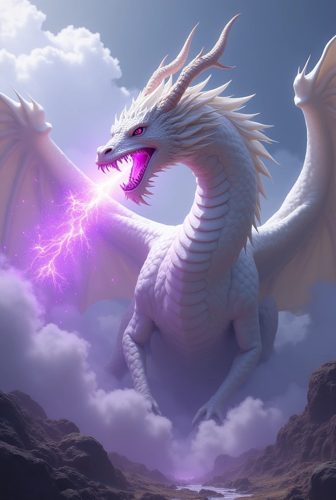 Large white dragon with long horns and a muscular body throwing violet fire from its mouth 