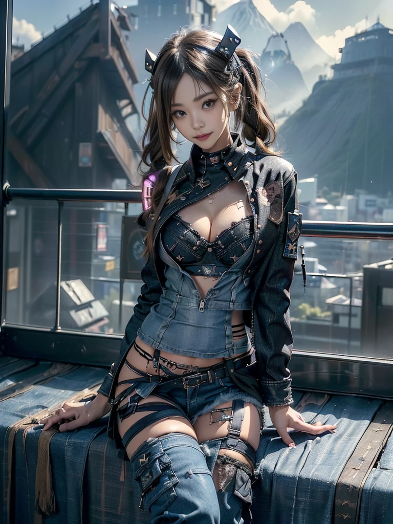 (Beautiful lips and nose:1.4)、(Long eyelashes:1.miling with teeth showing:1.3),(Shibuya Gal:1.5)、(Goth delicate embellished dress:1.5)、(Tattered denim and black punk rock cargo pants:1.5)、(Denim and black navy skull mark small jacket:1.4)、(denim garter belt:1.5)、(Black and denim knee socks:1.3)、(SSilver Accessories:1.5)、(Denim collar:1.3)、(Brown Skin Belt:1.4)、(Brown boots:1.2)、(The underwear is striped:1.4)、31 years old、((Highest quality、In 8K、masterpiece:1.3))、Sharp :1.2、(Layered Cut、Huge boobs:1.1),Beau woman with perfect figure:1.4、(Dancing vigorously:1.3)、Slender Abs:1.2、Hy detailed face and skin texture、Detailed eyes、double eyelid,(Twin tails:1.3)、(Brown-golden hair:1.3)、Gravure idol、(The background is a vast mountain with a clear view々Beautiful luxury resort destination in Europe:1.3)、(Slim Body:1.2),(Make legs thinner:1.4),(clavicle:1.1)