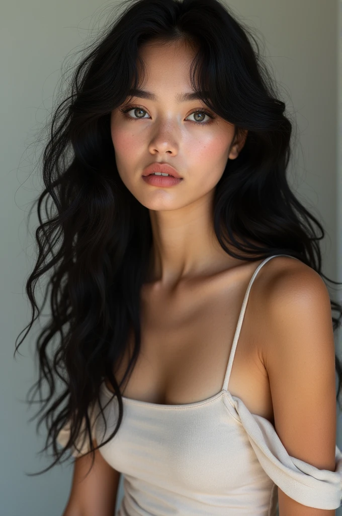American girl, 20 years, pale skin, Long hair, curly hair, black hair, face, face fino, small forehead, splattered nose, fleshy lips, parts, gray eyes, crop top, slightly prominent bust, natural bust, flat stomach 