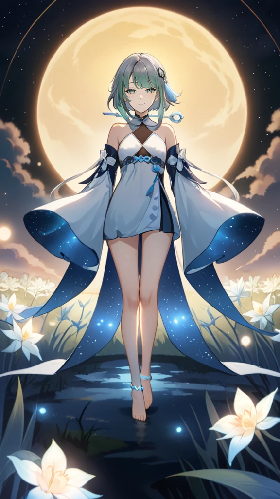 1girl, guizhong_\(genshin_impact\),light grey hair,short_hair_with_long_locks,starry_sky_print,detached_sleeves, long sleeves_past_fingers,hanfu,illustrated by matsuryuu and agahari and dsmile,pale blue eyes,stunning field of softly glowing blue and white glaze lilies,night scene,gentle smile,moonlight,glossy lips,vivid anime coloring,cel shading,smooth, soft dreamy focus,anklet,halter_top,white clothes,highly detailed,digital painting,field of flowers,bare_shoulders,wlop,barefoot,cool night tones, magical night scene,masterpiece, best quality, film, professional, 4k, highly detailed,Guardian nebula of rainbow light and silvery vapor,starry,cosmic,goddess,rich color,oil painting