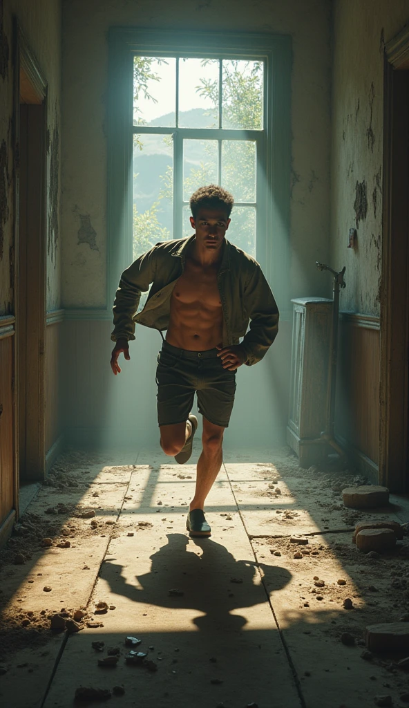 Young man running in an abandoned house