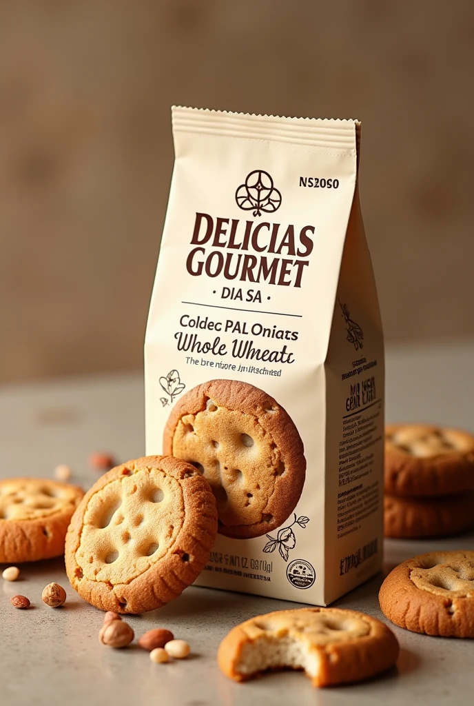 (photorealism:1.2), Propose a graphic design of a company called "DELICIAS GOURMET SA" which specializes in whole wheat cookies with nuts, several small horizontal packages, 138 g cookies, that is most attractive to the target consumer, that conveys the image of a healthy product and complies with labeling regulations (nutritional information, ingredients, etc.) SMALL PACKAGE WITH 6 UNITS OF COOKIES 138 G (6 Cookies) Cookie bags in various sliding boxes