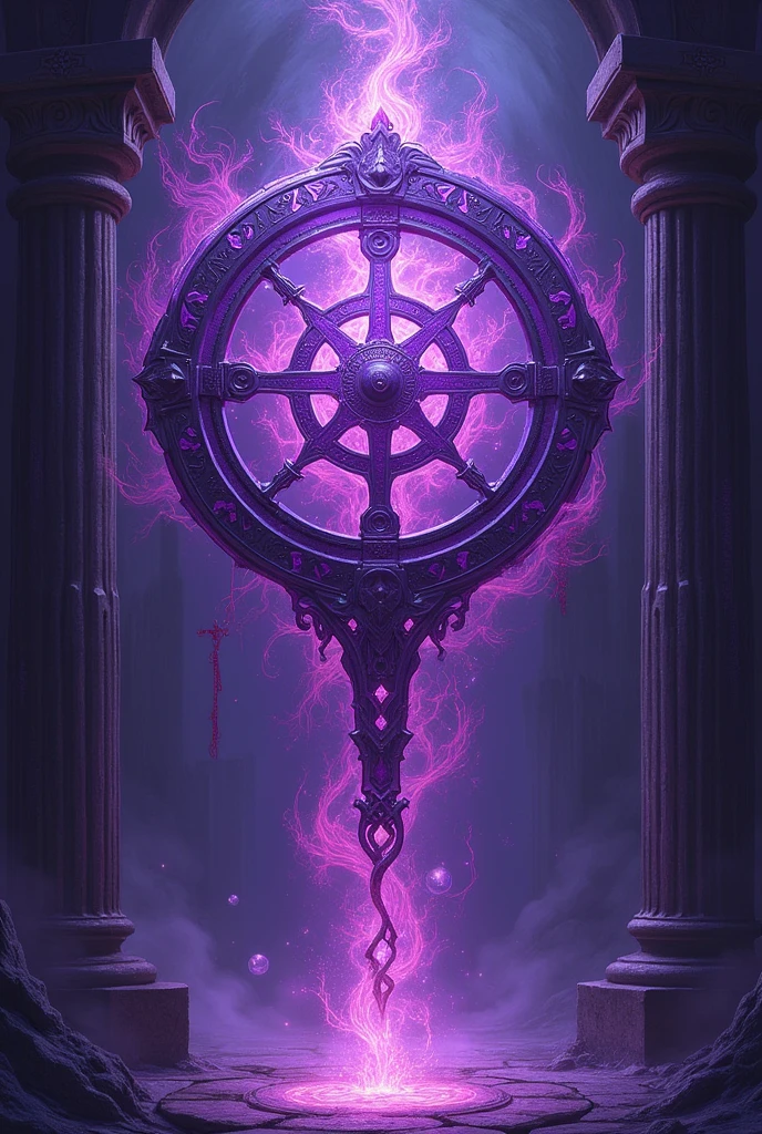 Make me a vibrant purples magic sigil resembling a clock accompanied by mythical glyphs 