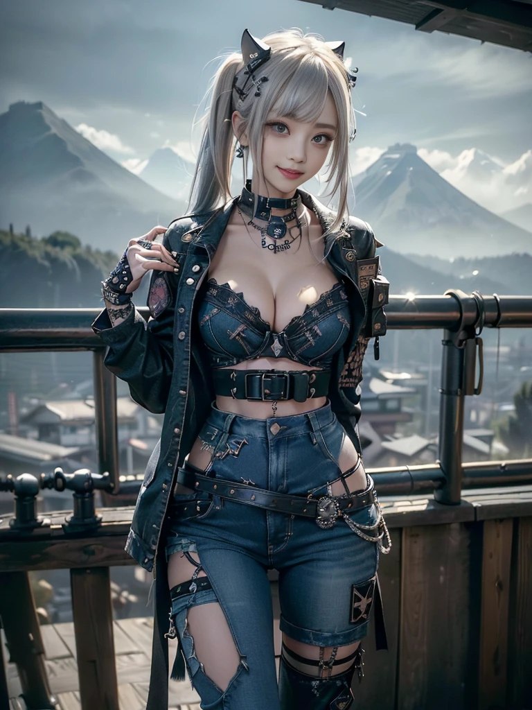 (Beautiful lips and nose:1.4)、(Long eyelashes:1.4)、(Smiling with teeth showing:1.3),(Shibuya Gal:1.5)、(Goth delicate embellished dress:1.5)、(Tattered denim and black punk rock cargo pants:1.5)、(Denim and black navy skull mark small jacket:1.4)、(denim garter belt:1.5)、(Black and denim knee socks:1.3)、(Skull Silver Accessories:1.5)、(Denim collar:1.3)、(Brown Skin Belt:1.4)、(Brown boots:1.2)、(The underwear is striped:1.4)、31 years old、((Highest quality、In 8K、masterpiece:1.3))、Sharp focus:1.2、(Layered Cut、Huge boobs:1.1),Beautiful woman with perfect figure:1.4、(Dancing vigorously:1.3)、Slender Abs:1.2、Highly detailed face and skin texture、Detailed eyes、double eyelid,(Twin tails:1.3)、(Cream colored hair:1.3)、Gravure idol、(The background is a vast mountain with a clear view々Beautiful luxury resort destination in Europe:1.3)、(Slim Body:1.2),(Make your legs thinner:1.4),(clavicle:1.1)