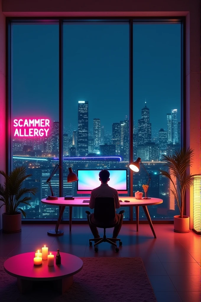 A modern, stylish home office set against a city skyline at night. The room features a large window with a view of skyscrapers illuminated by city lights. A neon sign reading SCAMMER ALLERGY is mounted on a concrete wall, and a sleek, curved desk with dual monitors and a keyboard sits prominently in the foreground. Soft lighting from floor lamps and decorative fixtures creates a warm ambiance, while a few potted plants add a touch of greenery. A light projected onto the window adds a dynamic element to the scene.

Create a realistic 1920x1080 office scene at night with a modern, cozy atmosphere. The room should feature large windows showcasing a cityscape illuminated by nighttime city lights, including a distant monorail with a passing train and some flickering lights for added realism.In the scene, place a sleek, modern round table centrally in the camera's view. Position the computer monitor on the table facing the camera, with the screen visible. Add a keyboard and a mouse on the table. Place a character seated at the round table so that their face is directed towards the camera. The character should be positioned in front of the window, with the large window and cityscape visible behind them. Ensure the character's back is to the window, with the cityscape serving as a backdrop.For added warmth, place lit candles on a coffee table to provide a soft, warm glow that contrasts with the cool city lights outside.