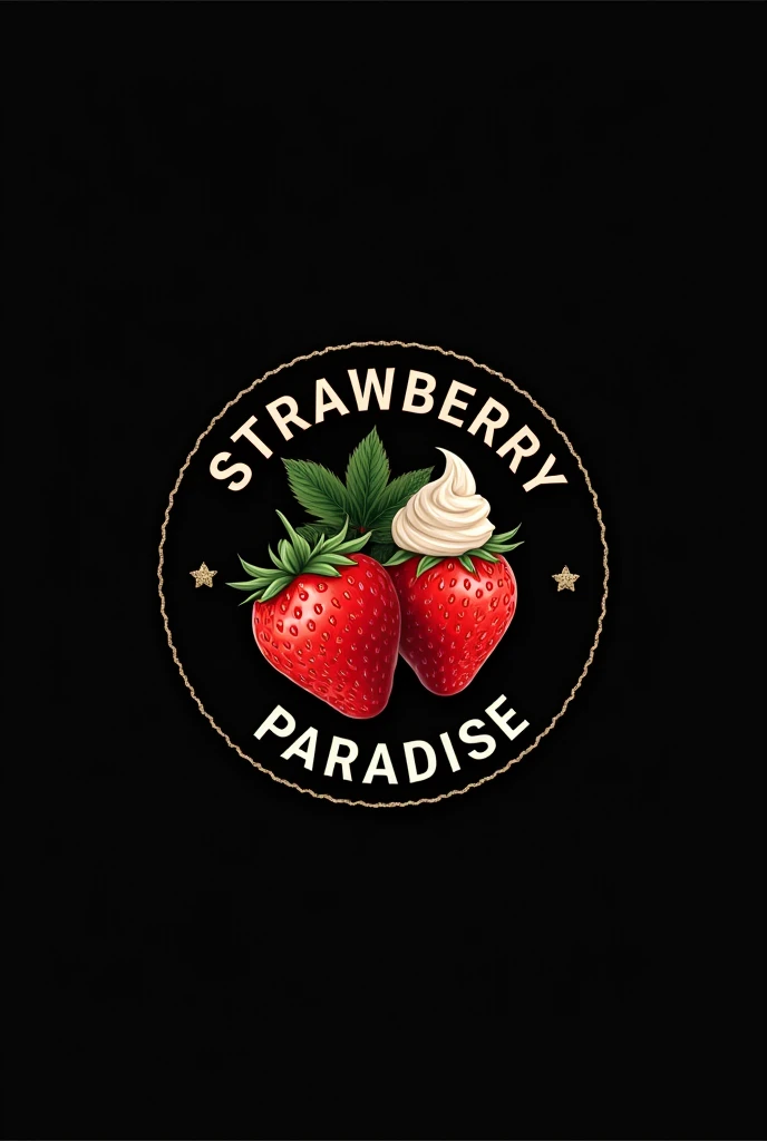 Logo circular ,elegant,vintage,Strawberries with simple cream,elegant, minimalist design, that says around Strawberry Paradise black background