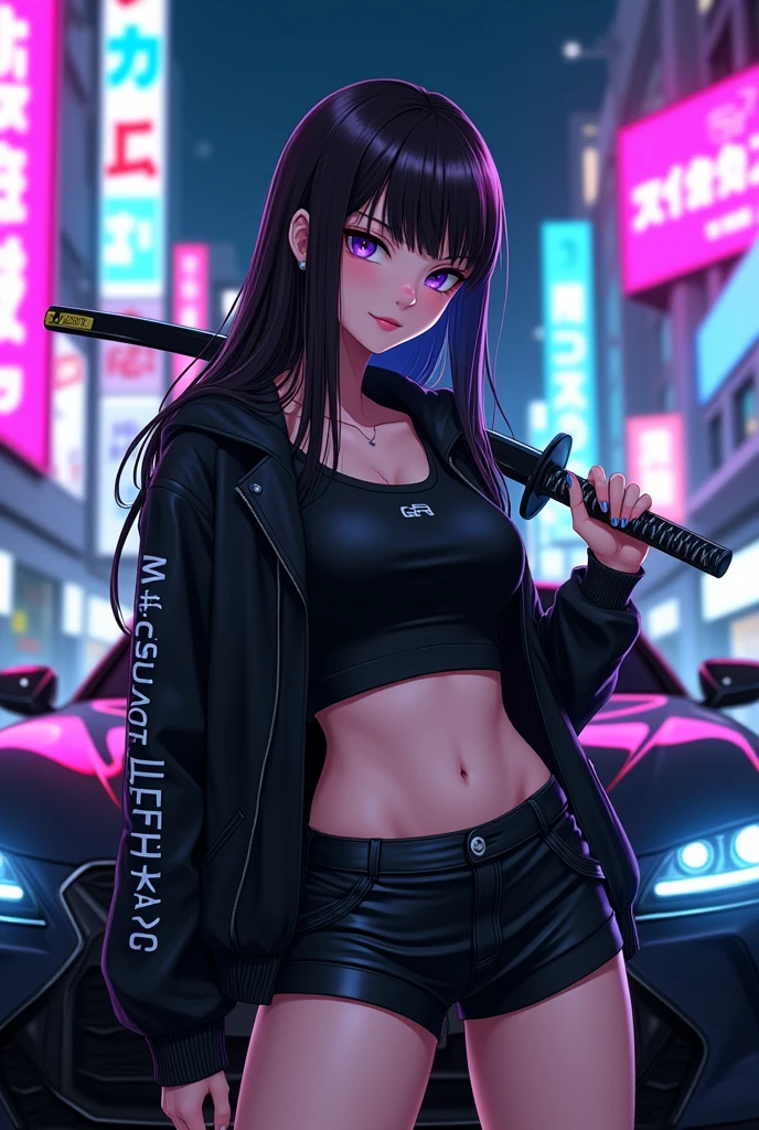 Digital artwork in an anime style, featuring a night-time urban setting with neon lights. The layout is dynamic, with a young woman as the central subject. She has long black hair, pale skin, and striking purple eyes. She is dressed in a black crop top, black shorts, and a black jacket with white text on the sleeve. She holds a katana over her shoulder. Behind her is a sleek, black sports car with a visible 'GT-R artvision' logo on the front. The background is filled with brightly lit billboards and signs, predominantly in shades of pink and blue, creating a vibrant, cyberpunk atmosphere.anatomically correct, super detailed, high quality, 4K
