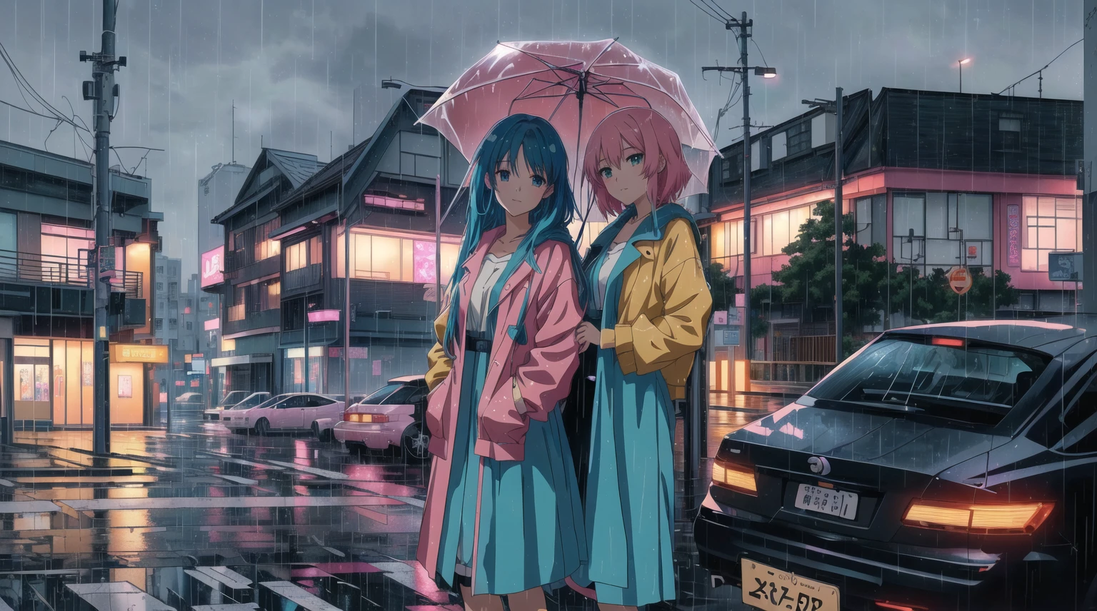 a single anime girl standing in the rain with a car in the background, anime styling 4 k, anime styling. 8k, lofi girl, anime vibes, Anime digital illustration, anime wallpaper 4k, 4k anime art wallpaper, 4K anime art wallpaper, lofi art style, anime wallpaper 4k, anime wallpaper 4k, lofi portoRait