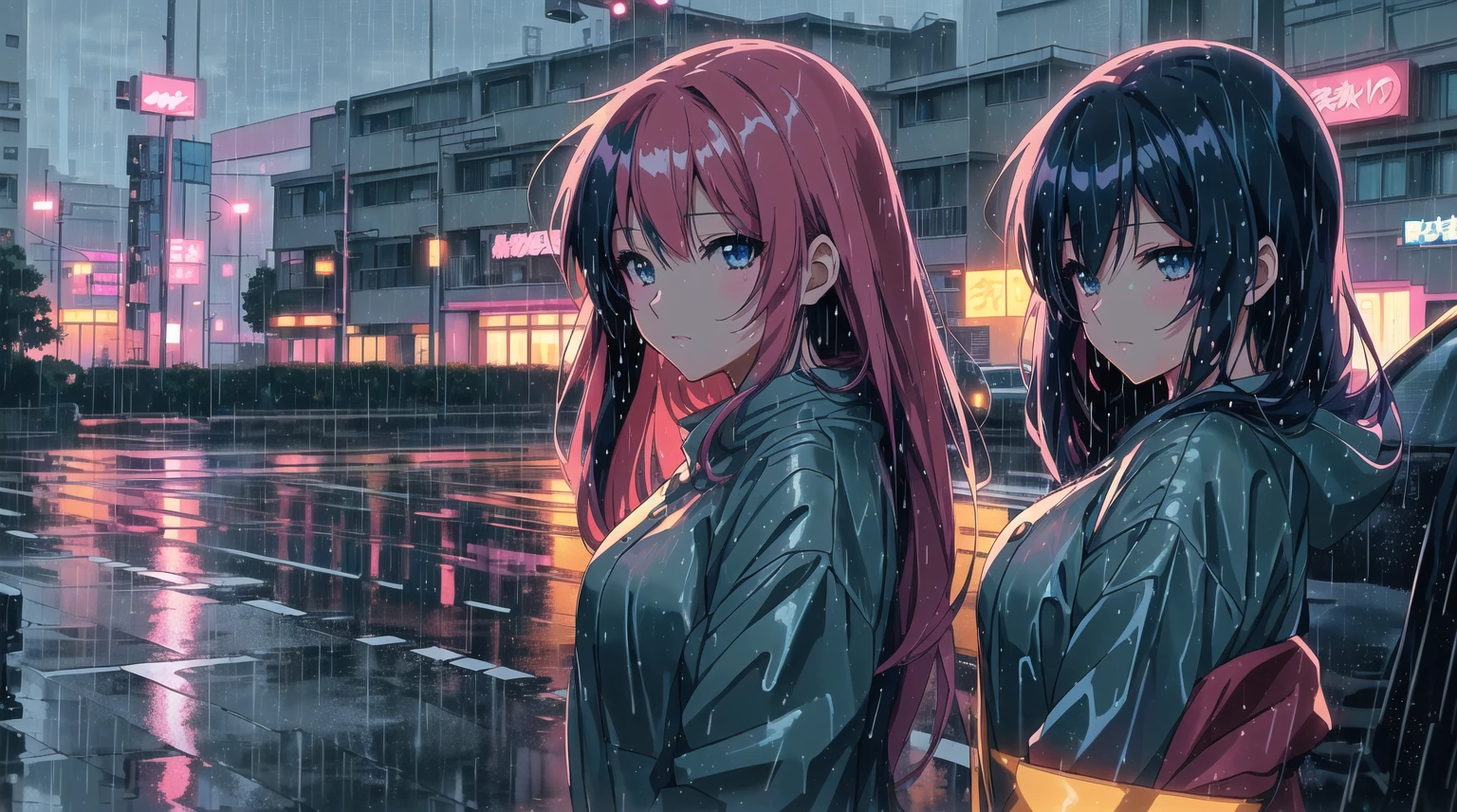 a single anime girl standing in the rain with a car in the background, anime styling 4 k, anime styling. 8k, lofi girl, anime vibes, Anime digital illustration, anime wallpaper 4k, 4k anime art wallpaper, 4K anime art wallpaper, lofi art style, anime wallpaper 4k, anime wallpaper 4k, lofi portoRait