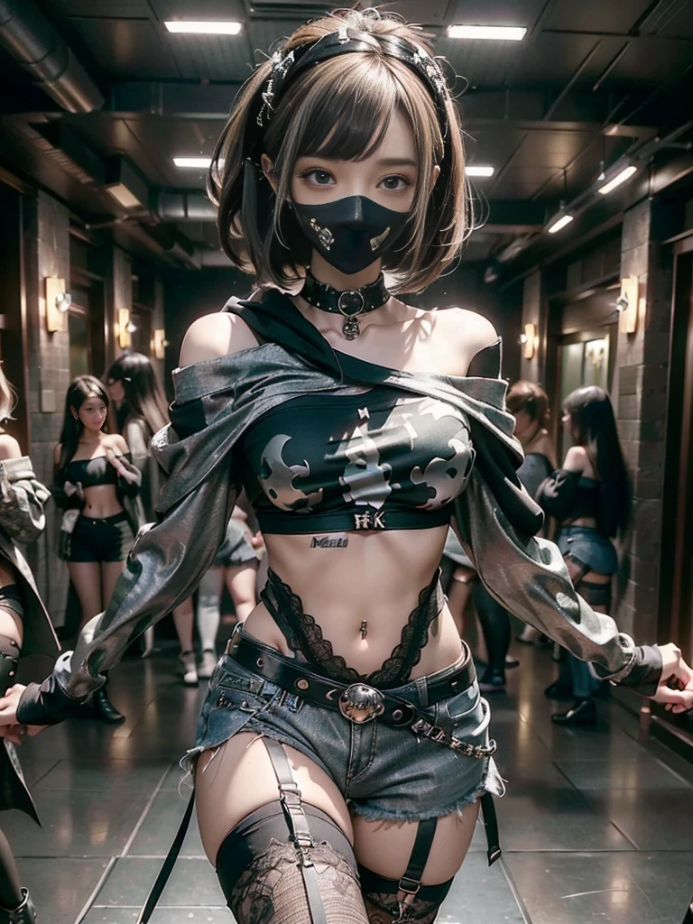 (Beautiful skin, lips and nose:1.5)、(Smiling with teeth showing:1.3),(Fashion Model:1.5)、(Gothic battle attire with delicate embellishments:1.5)、(Moss green off-shoulder hoodie:1.5)、(Black, silver and white shorts:1.4)、(denim garter belt:1.5)、(Black and camouflage knee socks:1.3)、(Skull Silver Accessories:1.5)、(Lace collar:1.3)、(Brown Skin Belt:1.4)、(Brown boots:1.2)、(Underwear has polka dots:1.4)、23 years old、((Highest quality、In 8K、masterpiece:1.3))、Sharp focus:1.2、(Layered Cut、Huge boobs:1.1),Beautiful woman with perfect figure:1.4、(Dancing vigorously:1.3)、Slender Abs:1.2、Highly detailed face and skin texture、Detailed eyes、double eyelid,(Bob Hair:1.3)、(Brown-golden hair:1.3)、Gravure idol、(The background is a gorgeous fashion show:1.3)、(Slim Body:1.2),(Make your legs thinner:1.4),(clavicle:1.1)