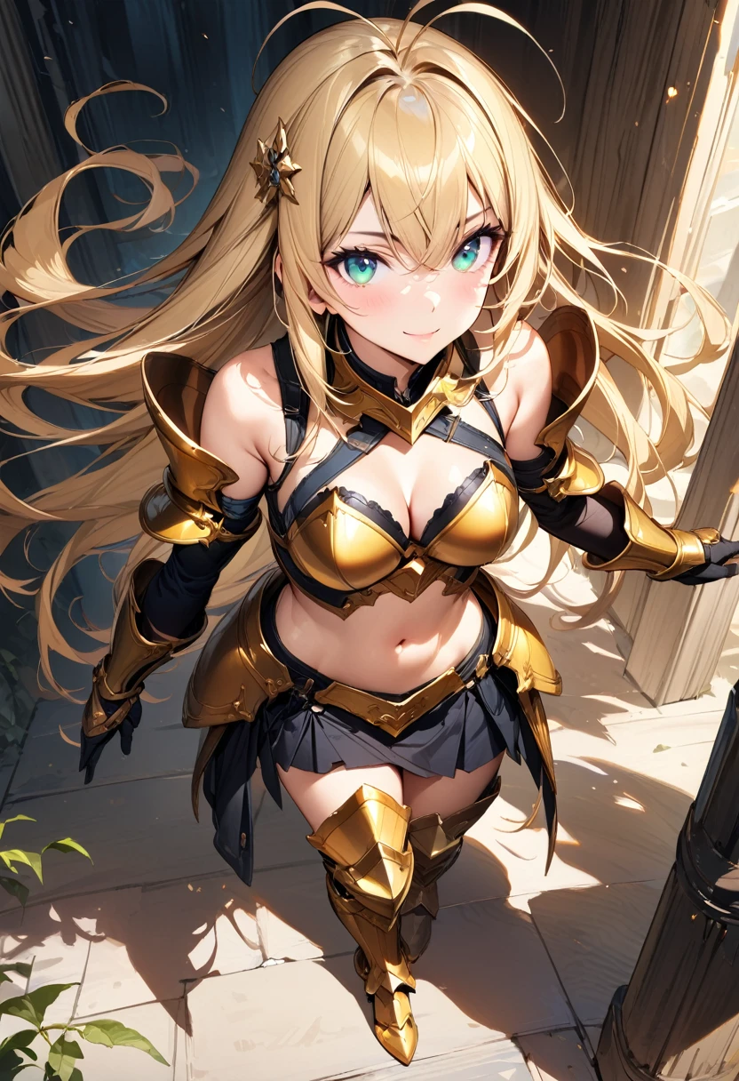 (masterpiece),(best quality),(ultra-detailed),(best illustration),(best shadow),(absurdres),(detailed background),(very aesthetic), 1girl, solo, long-hair, blonde-hair, armor, breasts, navel, boots, looking-at-viewer, cleavage, medium-breasts, armored-boots, midriff, bare-shoulders, simple-background, antenna-hair, high-heels, green-eyes, standing, hair-ornament, gauntlets, greaves, bikini-armor, skirt, gloves, collarbone, blue-eyes, very-long-hair, aqua-eyes, high-heel-boots, floating-hair, smile elbow-gloves, ((golden armor))
