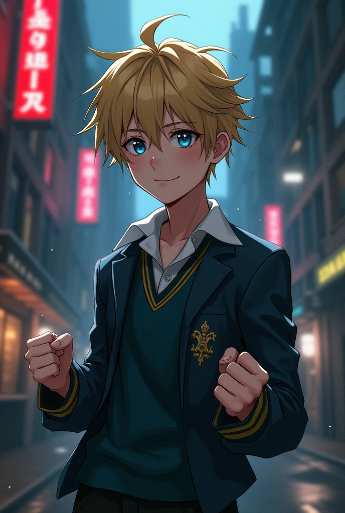 clearing! Here is a detailed description for Takemichi:
---
**Description of Takemichi:**
Takemichi is a young man of average height with a slim but athletic build., symbolizing their determination and resilience. He has blonde, slightly wavy hair., that falls disorderly on his forehead, giving it an air of sloppiness. Your eyes are big and expressive, deep blue, often reflecting a mixture of determination and vulnerability, capturing the essence of someone who faces challenges with courage.
Your face is youthful, with soft features that still bear the mark of adolescence, but his eyes show a maturity beyond his years, fruit of their difficult experiences. He usually wears a sloppy school uniform, the tie loose and the shirt partially untucked, symbolizing his struggle between school responsibilities and his heroic adventures.
Takemichi is always ready for action, with a slightly forward-leaning posture, as if he were about to run or fight. His fists are clenched, showing their unwavering determination and courage in the face of adversity. Ao redor dele, an urban scene in the background, with flashing neon lights and dark shadows, creates a contrast that highlights his heroic presence.
--- I hope this description helps capture the essence of Takemichi in an impressive way for image generation.!