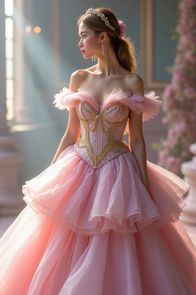 Princess style dress with pink colors, golden, pearl and lavender, of light fabrics, with volume in the skirt, off shoulder and sleeves reaching to the elbows with long ruffles