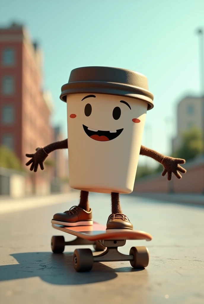 Coffee mug with a cap skating on a skateboard
