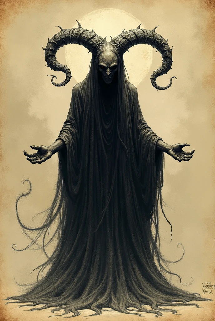 A sinister supernatural entity depicted in the style of a detailed bestiary illustration, ths entity is the manifestation of the hate sand-like aura that swirls menacingly, Twisted horns curl from its forehead. The entity is cloaked in dark, ethereal robes that blend seamlessly with the shadows. Its overall appearance is otherworldly and unsettling, with an aura of dark mysticism. The illustration should emphasize its arcane and malevolent nature, showcasing the creature with intricate details typical of bestiary art, capturing its ancient and fearsome presence. Bestiary simple sketch, antique art, in bestiary book