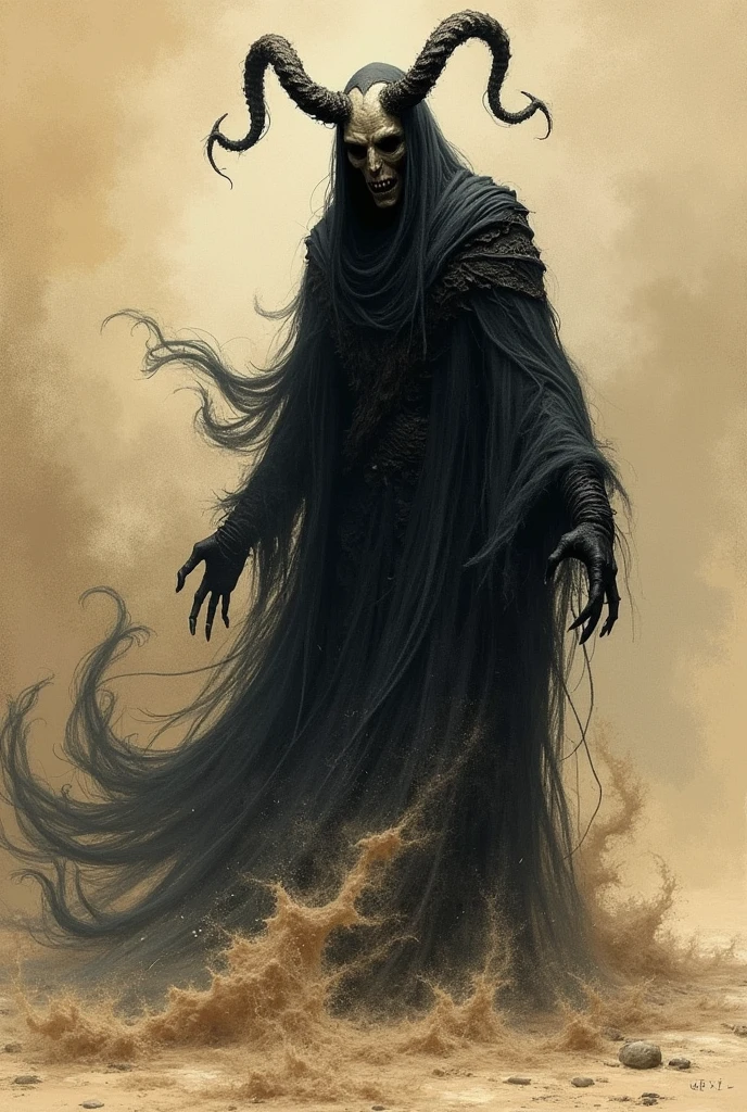 A sinister supernatural entity depicted in the style of a detailed bestiary illustration, ths entity is the manifestation of the hate sand-like aura that swirls menacingly, Twisted horns curl from its forehead. The entity is cloaked in dark, ethereal robes that blend seamlessly with the shadows. Its overall appearance is otherworldly and unsettling, with an aura of dark mysticism. The illustration should emphasize its arcane and malevolent nature, showcasing the creature with intricate details typical of bestiary art, capturing its ancient and fearsome presence. Bestiary simple sketch, antique art, in bestiary book