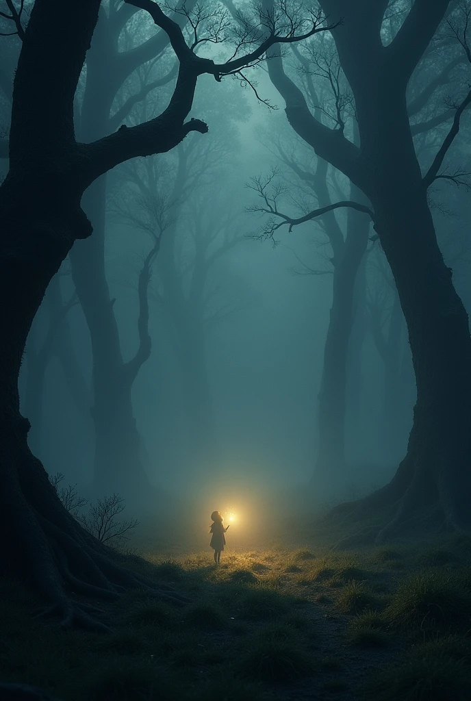 Imagine a vast, shadowy expanse of a forest shrouded in thick mist, where twisted trees stretch into the darkness. In the heart of this somber scene, a small, delicate firefly emerges, its faint, golden glow piercing through the oppressive gloom. This tiny beacon of light casts a warm, hopeful hue on the surrounding darkness. As the firefly's light gently illuminates the mist, the first hints of dawn begin to break through the dense canopy above, promising a new day and a renewed sense of hope.