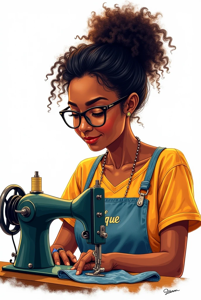 Drawing of a black Brazilian woman with curly black hair tied up with glasses sewing on the sewing machine white background apron with name jaque image with color drawing