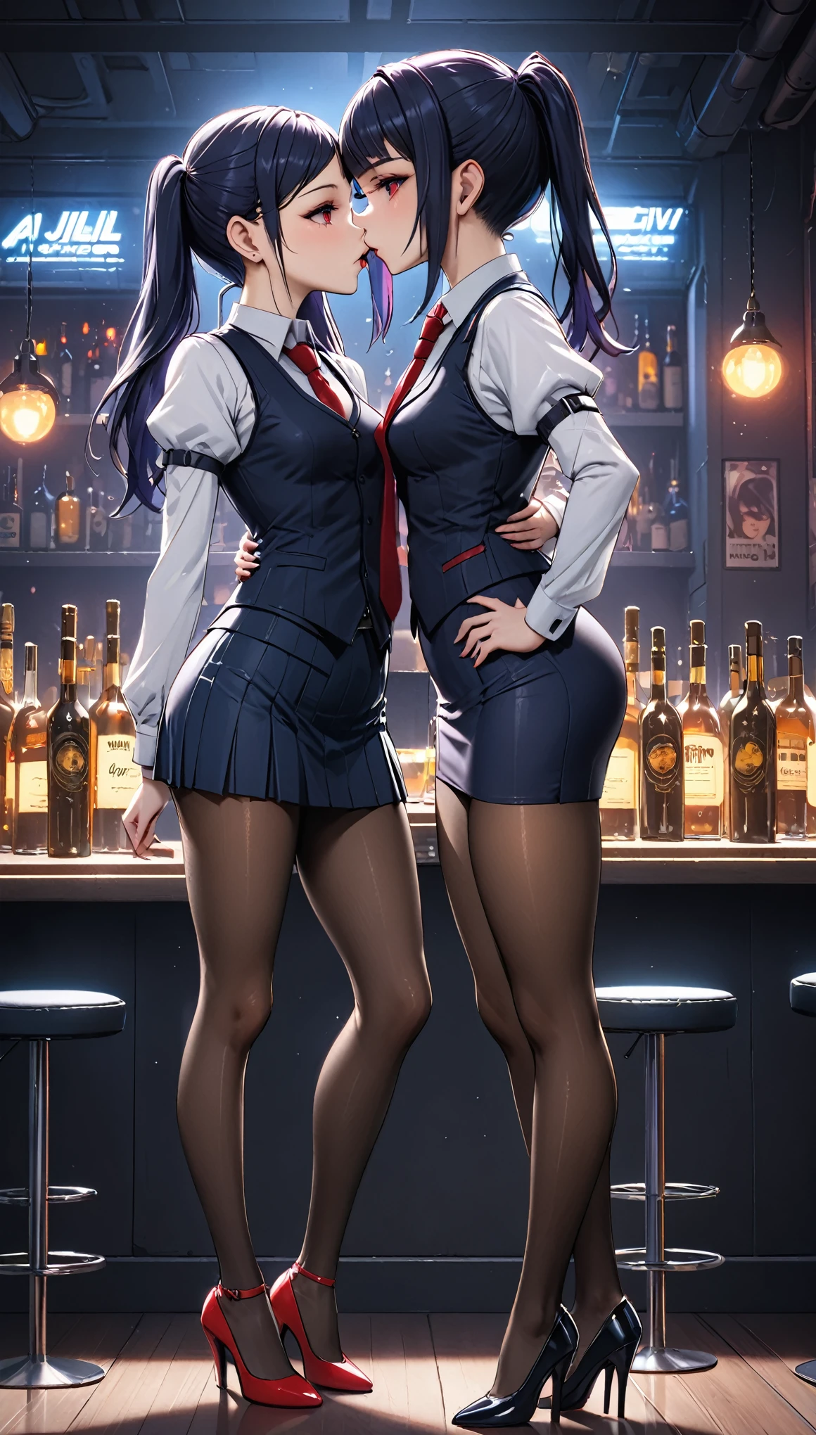 8k, arms behind back, slim figure, flat bust, sparkling red eyes, Light blue eyelashes, high-heels, dark skirt, seductiv, Charming, small tit, jill stingray, necktie, pantyhose, skirt, vest, white shirt, cyberpunk styled bar, masterpiece, lesbian kiss a girl