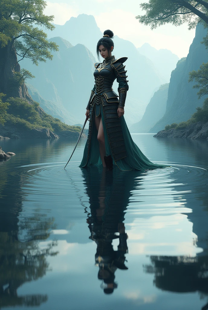 Make the shogun from genshin impact step into a lake and look at her reflection