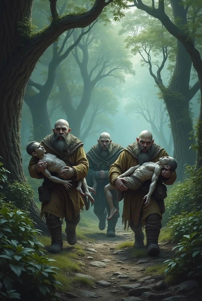 Gray fantasy dwarfs draging bodyes in the woods
