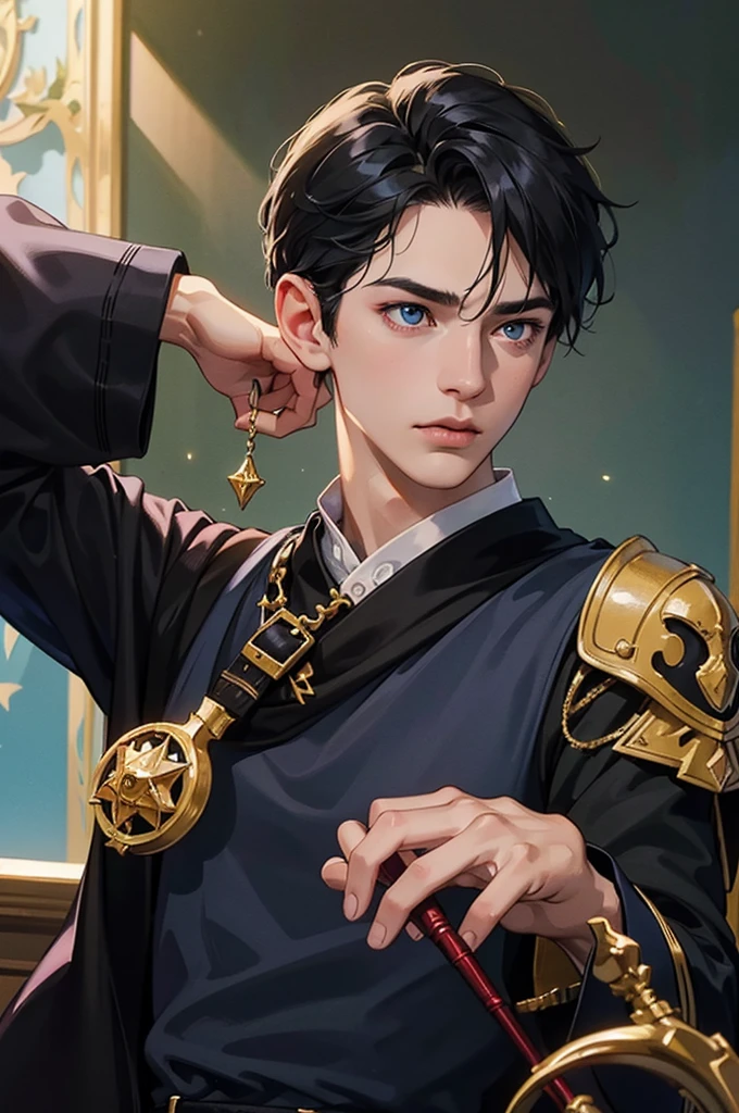 a young man with short black hair, wearing a schoolboy outfit, holding a wand, has a wizard-like appearance with an animal tattoo, has blue eyes and a grumpy look, in a medieval-style classroom, at a magic school, beautiful eyes, delicate features, soft colors, serene atmosphere, high quality, detailed, photorealistic, photo-realistic:1. 37, 4k, ultra-detailed, extremely detailed, hyperrealistic, highly detailed, masterpiece:1.2, vibrant colors, natural lighting, cinematic, dramatic, fantastic, magical, surreal.