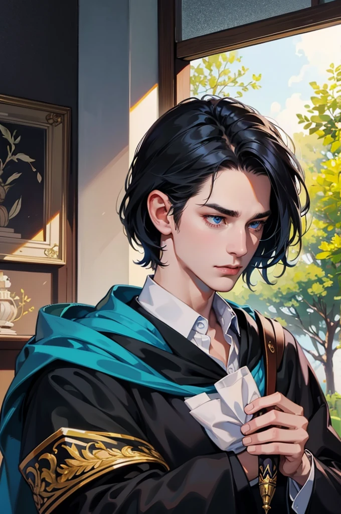 a young man with short black hair, wearing a schoolboy outfit, holding a wand, has a wizard-like appearance with an animal tattoo, has blue eyes and a grumpy look, in a medieval-style classroom, at a magic school, beautiful eyes, delicate features, soft colors, serene atmosphere, high quality, detailed, photorealistic, photo-realistic:1. 37, 4k, ultra-detailed, extremely detailed, hyperrealistic, highly detailed, masterpiece:1.2, vibrant colors, natural lighting, cinematic, dramatic, fantastic, magical, surreal.