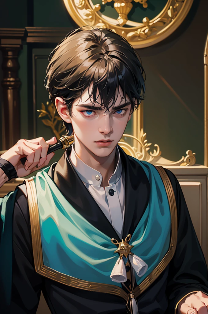 a young man with short black hair, wearing a schoolboy outfit, holding a wand, has a wizard-like appearance with an animal tattoo, has blue eyes and a grumpy look, in a medieval-style classroom, at a magic school, beautiful eyes, delicate features, soft colors, serene atmosphere, high quality, detailed, photorealistic, photo-realistic:1. 37, 4k, ultra-detailed, extremely detailed, hyperrealistic, highly detailed, masterpiece:1.2, vibrant colors, natural lighting, cinematic, dramatic, fantastic, magical, surreal.