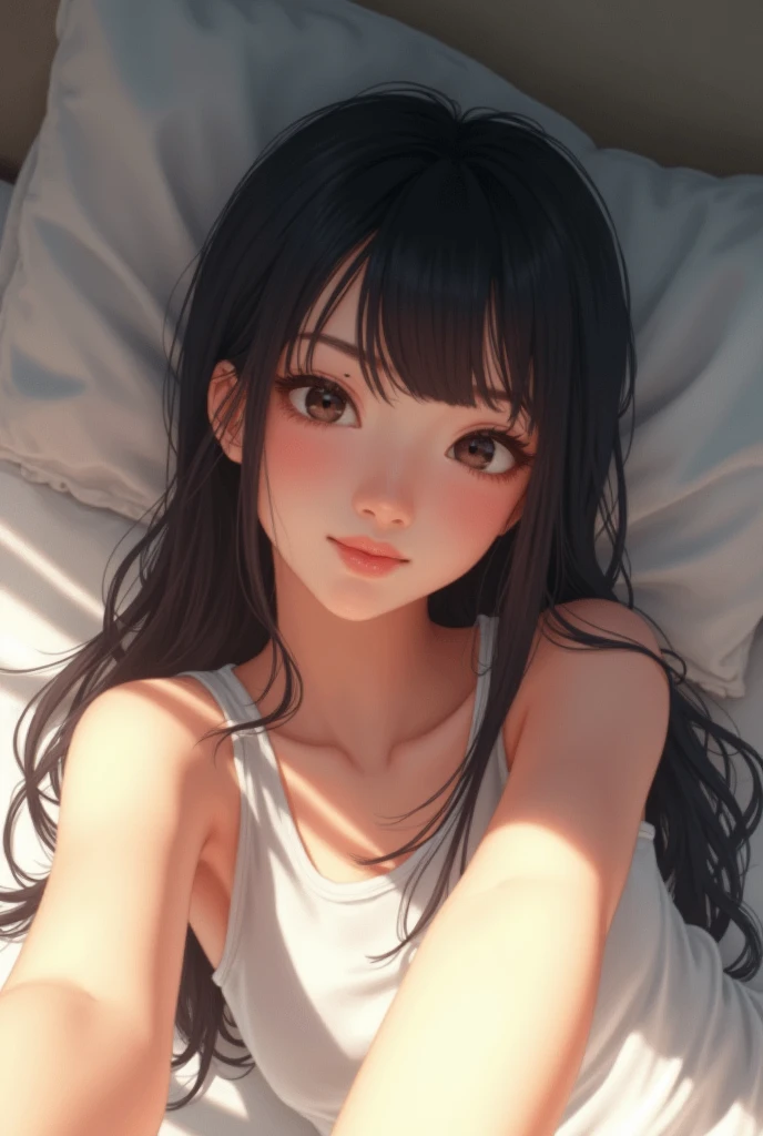Highest quality、masterpiece、Ultra-high resolution,(Realistic:1.4),Diagonal、1 person、Black Hair,(Shortcuts、bangs),smile、Young、(big:0.9),room、Selfie、On the bed、White sheets、underwear、high school girl、Mole、Japanese