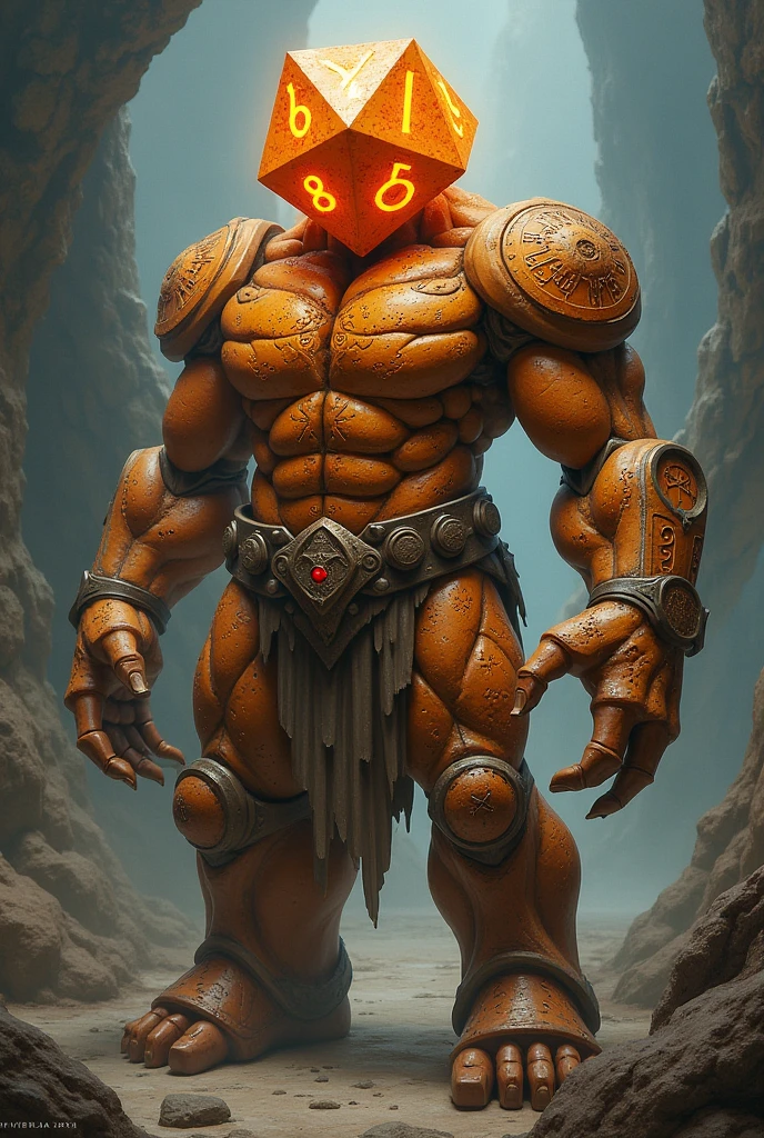 Golem, 20 sided dice head, orange, feito de pedra, magical, simbolos magicals, Number 1