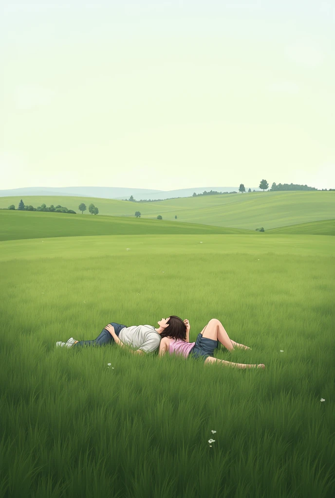 Create a place where two people are lying in tall grass and a clear landscape