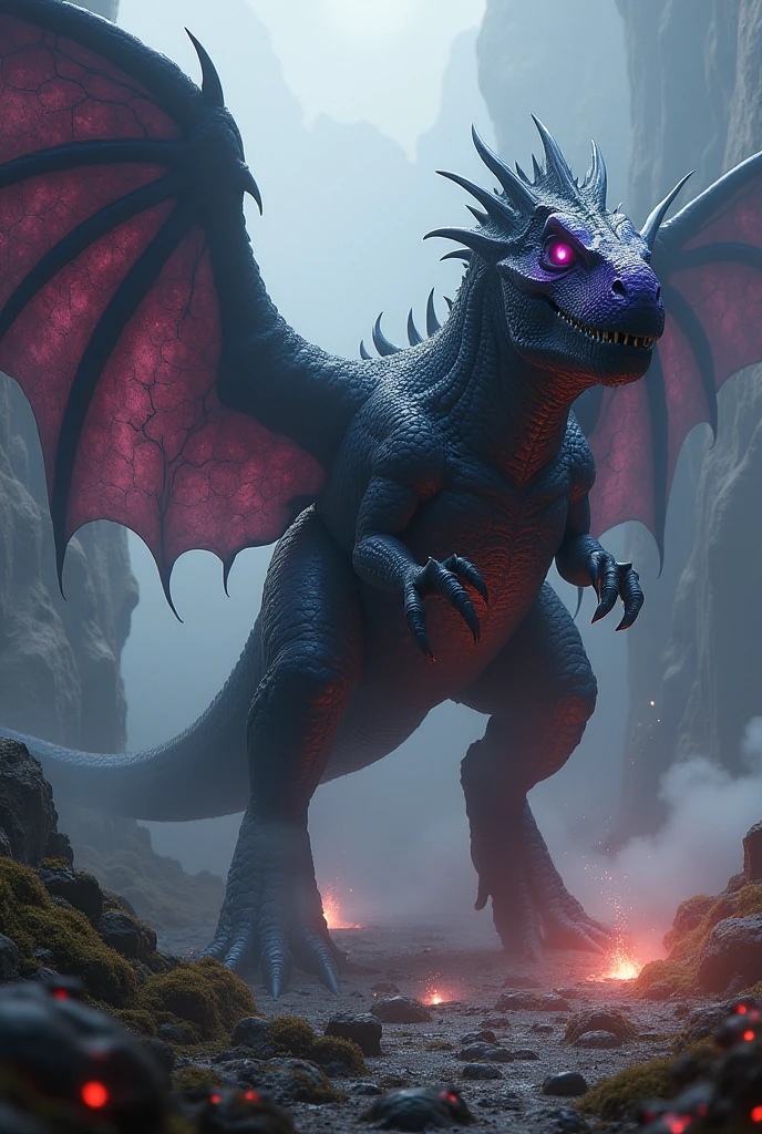 Show a gigantic, fairy dinosaur named Nerathor the Destroyer. He should have a massive T-Rex-like head, with spiky, covered with dark scales. His eyes are deep black with red glowing points, which underline his threatening charisma. The dinosaur's body is about 20 meters long and covered with shiny black scales, which absorb light and occasionally have purple or red highlights. He has big ones, dark wings with cracked membranes, that unleash a storm of shadows and magical energy. His tail ends in a heavy, club-like structure, which is riddled with sharp thorns and dark magic. The scene should appear threatening and imposing, to underline Nerathor’s role as a powerful apex predator and destroyer.