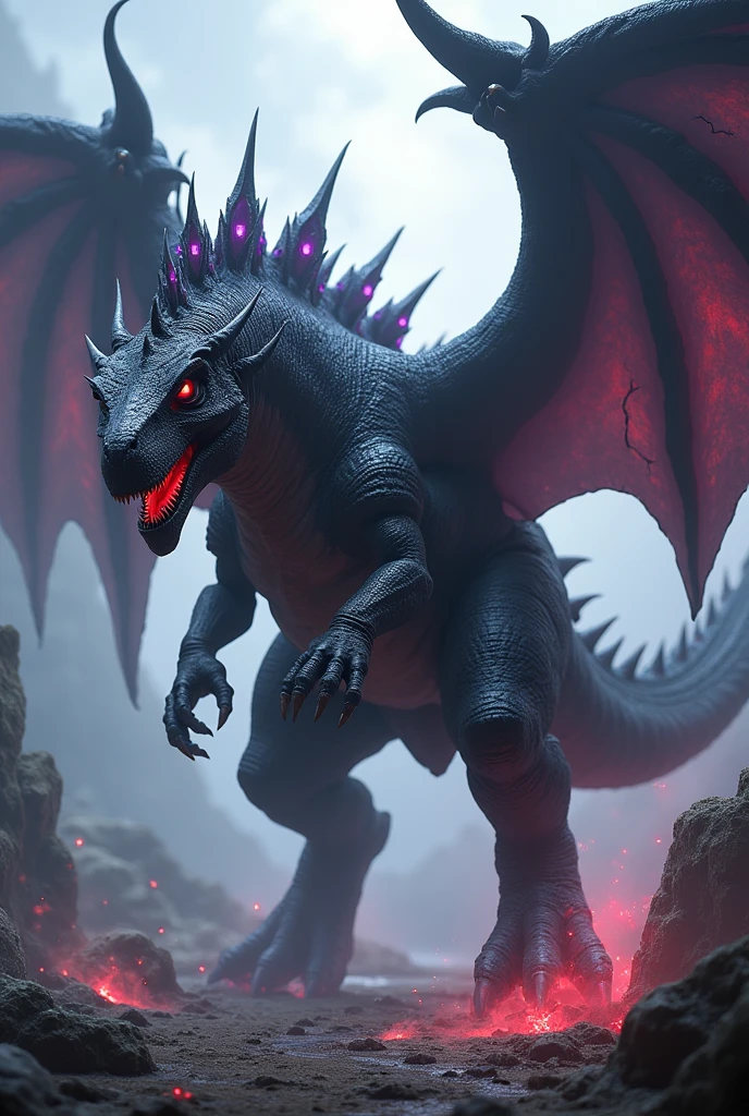 A dark and vicious dragon style. There is a magical power related to the power of death (Lich). The main color scheme is black and gray. There are bright red lights in many parts of the body, such as the eyes and body. The wings are wide and strong. It looked very powerful, the atmosphere seemed to be a dark and mysterious place. It could be a cave or a misty forest. The dragon has a strong and well-defined muscular appearance. It has sharp fangs and long claws.