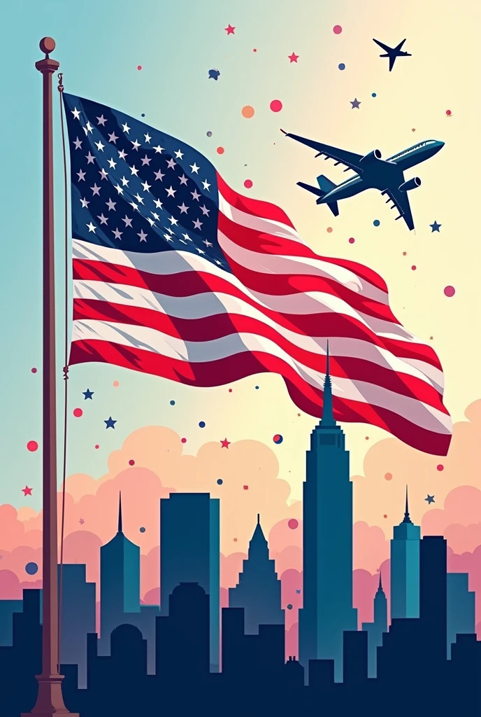 Create an American visa advice image with a New York logo and the US flag with a plane 