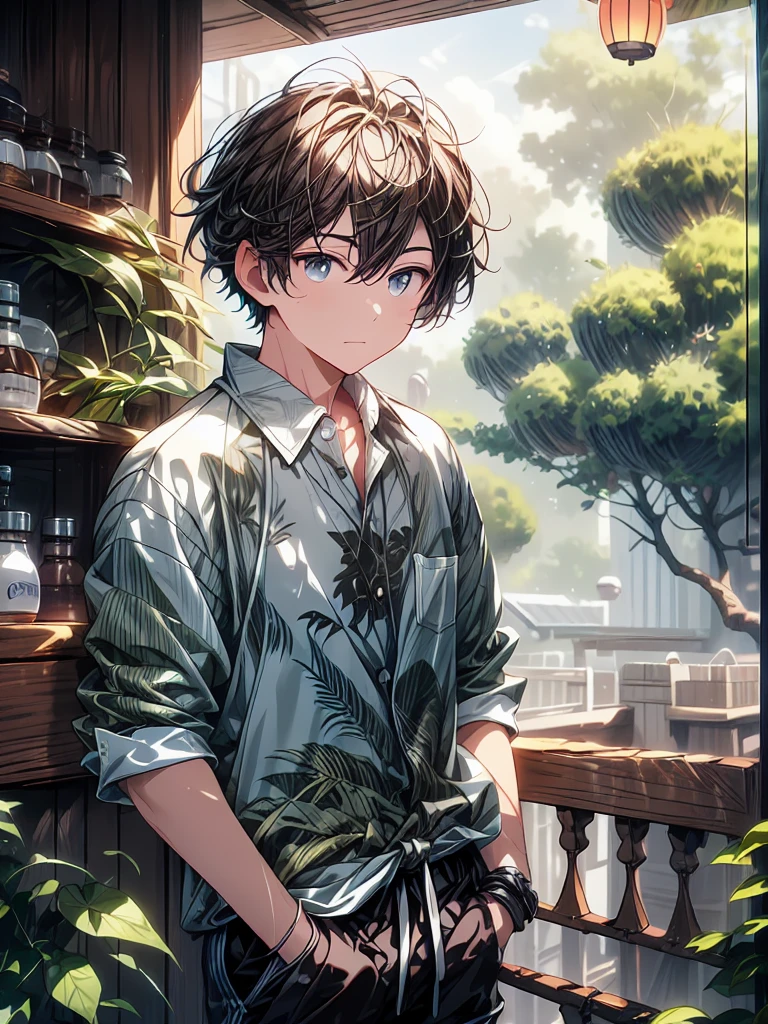 Digital illustration featuring a young man standing in a forest, dark hair and fair skin, with a neutral expression on his face. He is wearing a "black shirt "over a "white t-shirt" and "((black shorts, black half pant))", with his hands casually in his pockets. The background was forest with trees, lush greenery, and hanging lanterns that emit a glow. The sky is a blend of soft blue, adding to the detailed and atmospheric setting. 4k, UHD, ultra high quality,