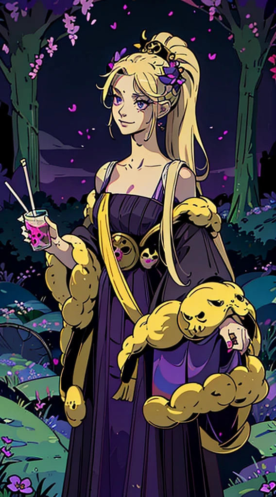 1girl, alone, , young, blonde hair, 2 ponytails, hairquilts, hair quilts, purple eyes, insister sur les reflets des yeux violets, well detailed eyes, cheveux blonds, long hair, violet short dress, purple short dress, robe violette, pinstriped black and purple tights, purple clothes, playful, smiling, timid expression, hades style, hades game, Jen zee style, greek themed image, greek background, arachnea character inspiration, dusa inspiration, tartarus scenery, in a cemetery with bats, skulls in the background, fumes, greek columns in background, lots of columns, greek architecture, green themed image, black furniture, yellow touches of color, purple fog, looking at viewer, holding a drink, holding a bubble tea, cute creepy themed image, hades, game, wiki