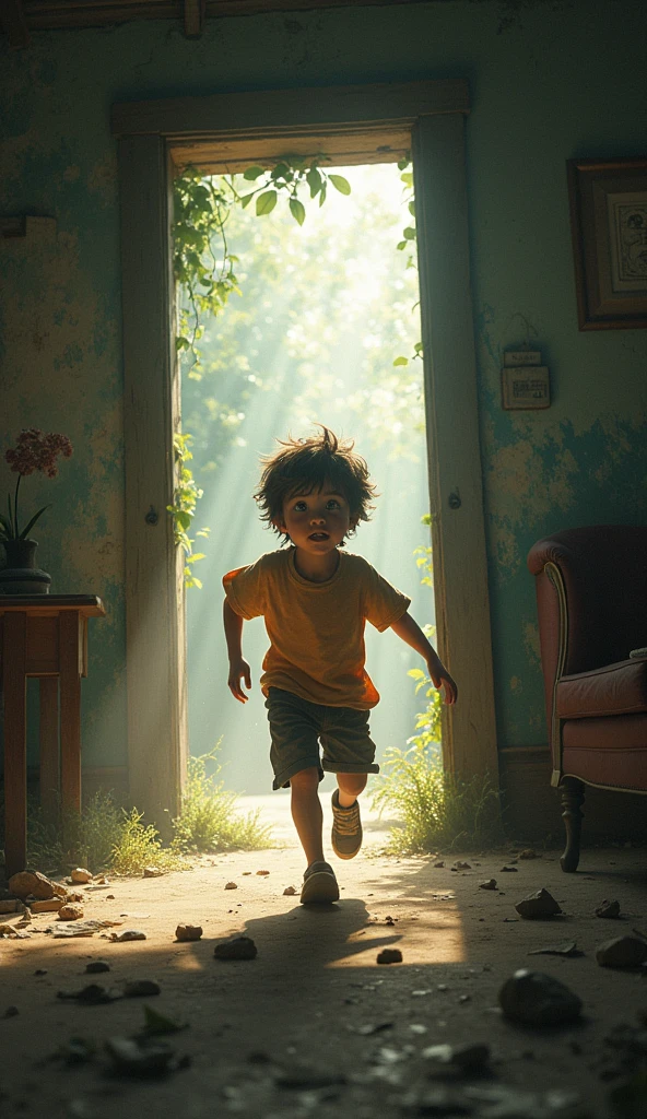 boy running in abandoned house