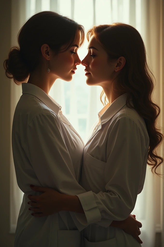 A drawing inspired by The Secret of Us, a lesbian drama., where one of the characters has brown hair and is a doctor, the other has light hair and is an actress.