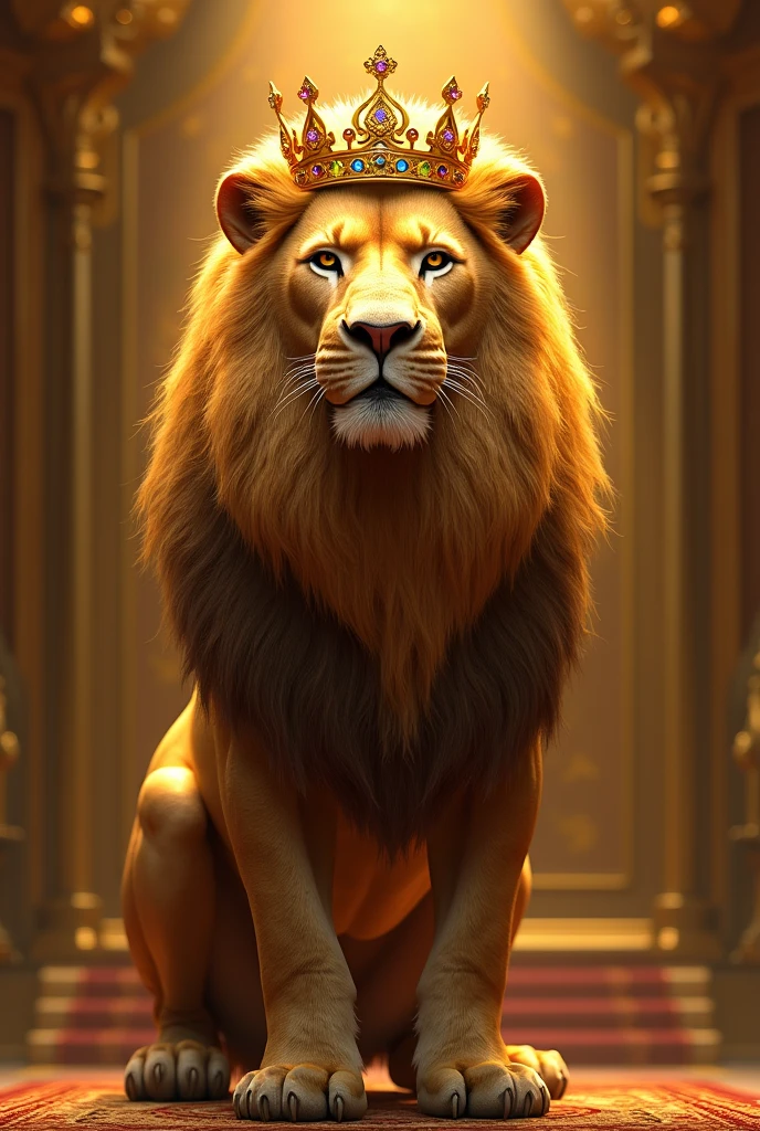 A lion with a golden crown and shining stones