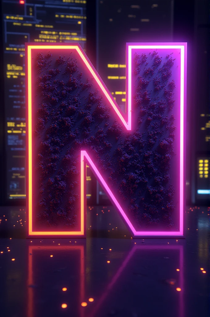 Purple letter N with yellow and technological background 