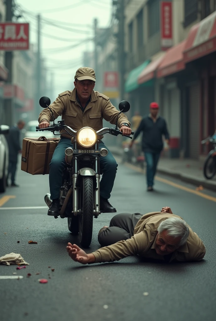 A delivery man dragging an old man he just ran over with his motorcycle as if nothing was happening
