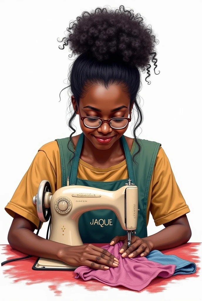 Drawing of a black Brazilian woman with curly black hair tied up with glasses sewing on the sewing machine white background apron with name jaque image with color drawing
